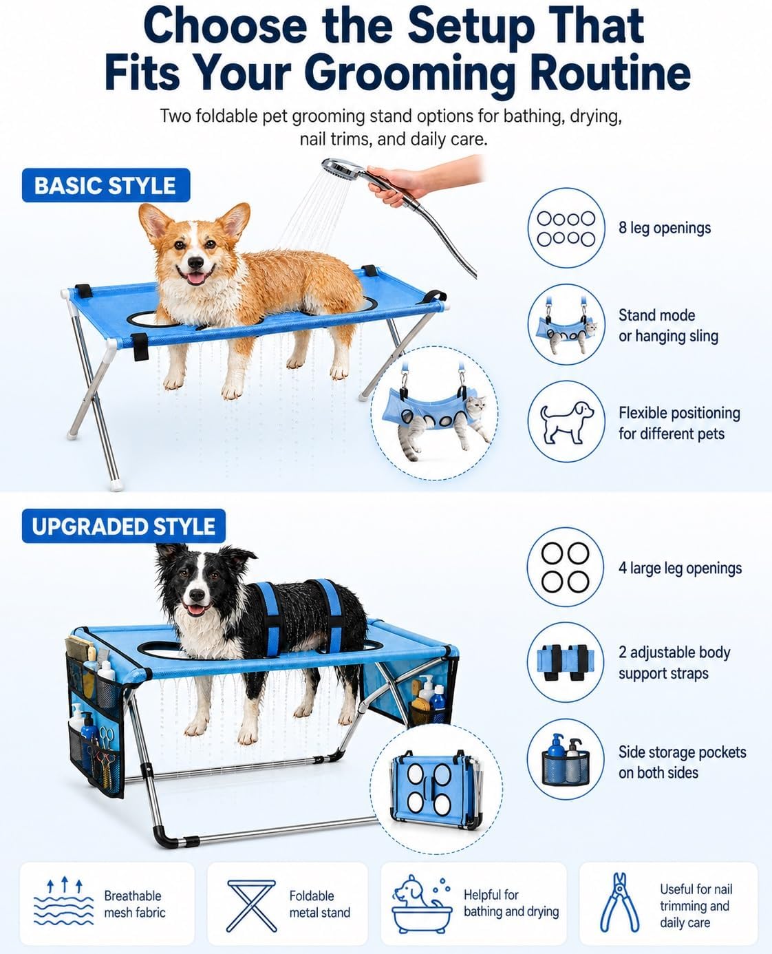 Dog Grooming Hammock Stand, Foldable Dog Bath Holder Sling Shower Chair